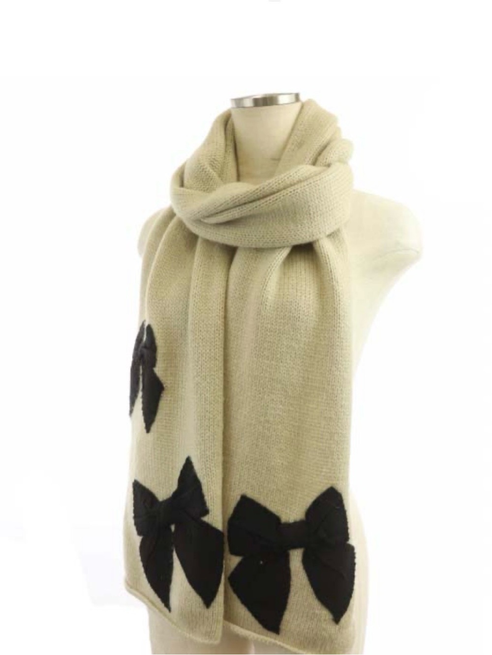 Kate Spade Pastry Beige Rib Knit Oversized Black Grosgrain Bow